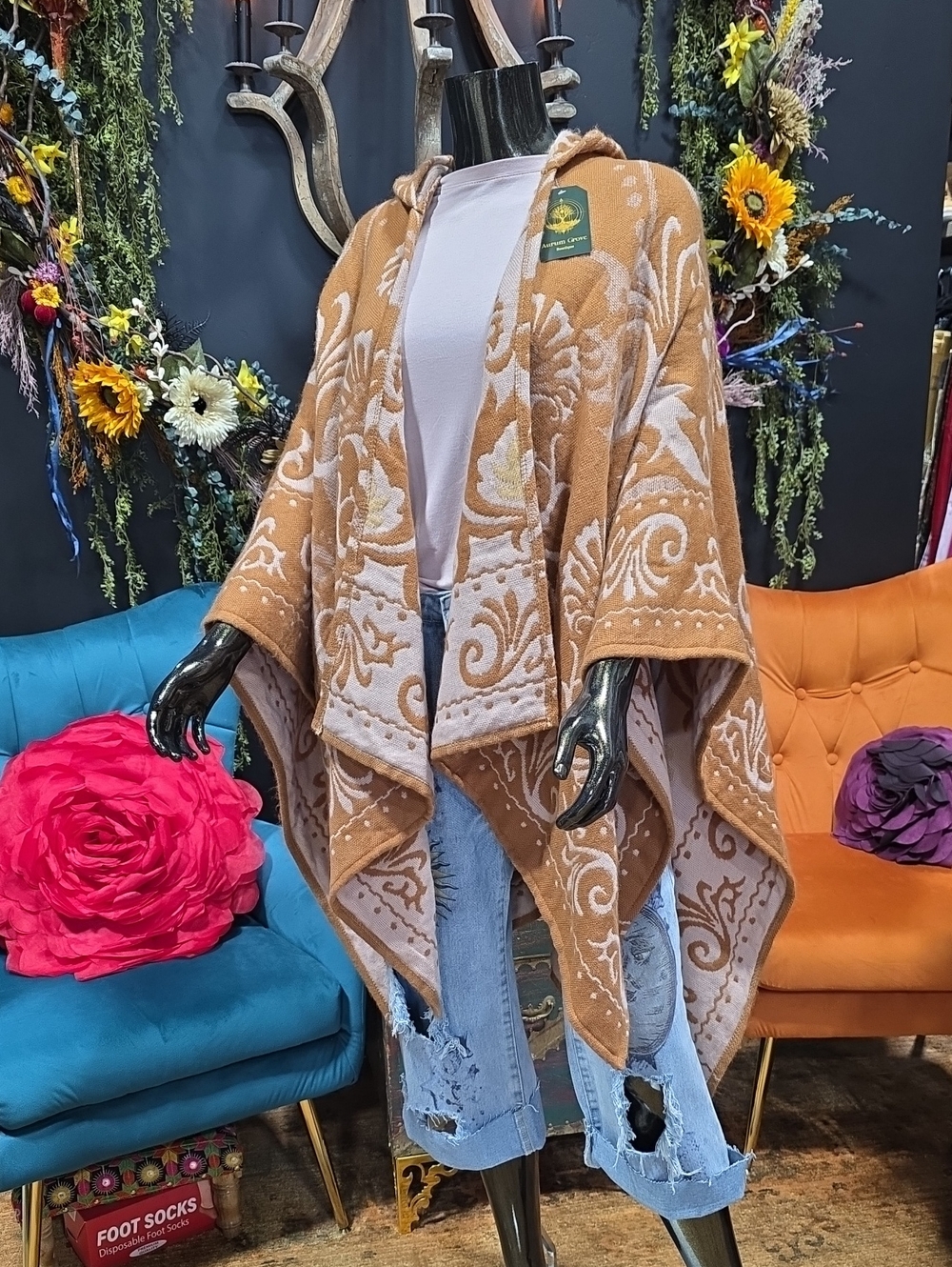 Free People Tan and Dusted Rose Hooded Poncho Sweater